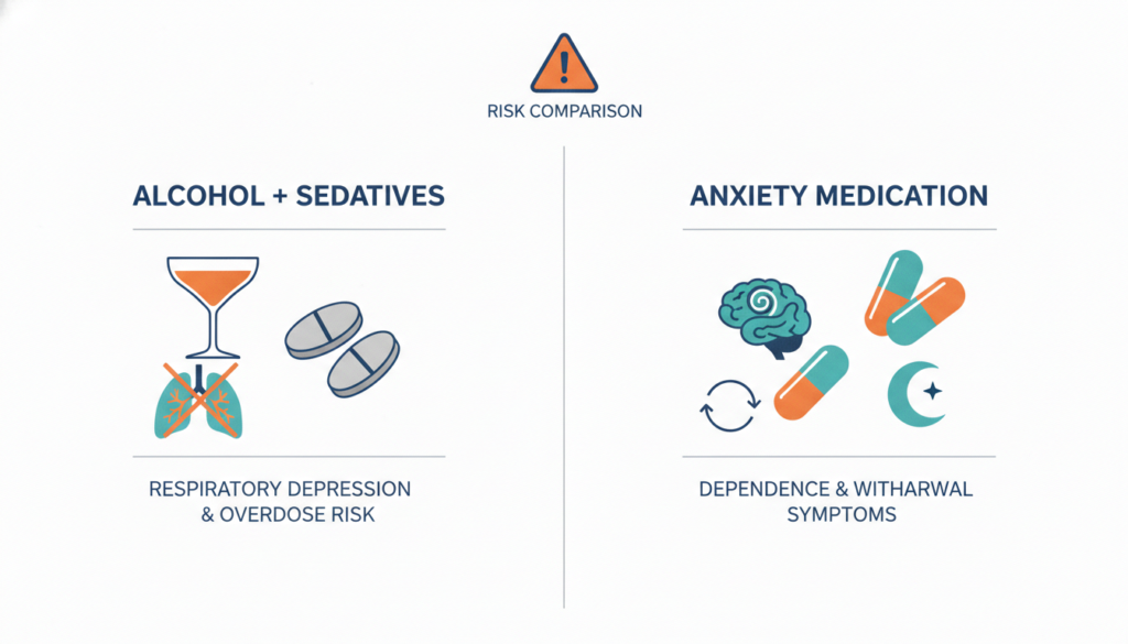 Anxiety and Alcohol: Effects, Risks & How They're Linked 2 Alcohol and anxiety medication risks shown in medical infographic
