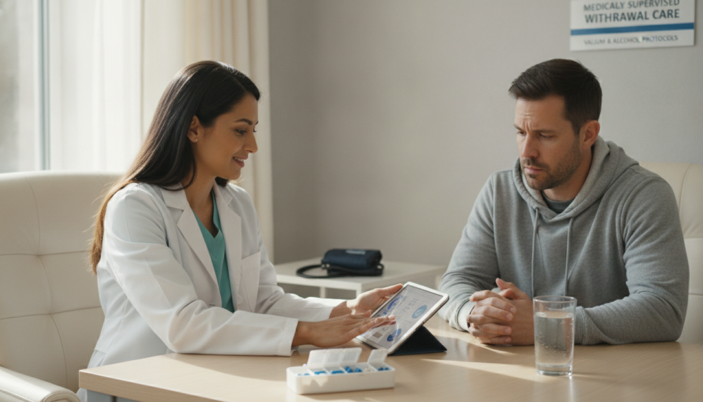 Valium and Alcohol: What Happens When You Mix Them 2 Clinician discussing medically supervised Valium and alcohol withdrawal treatment