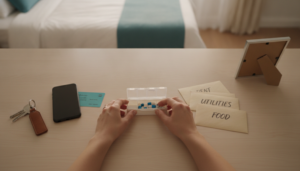 How Long Do You Stay in Sober Living? Timelines Explained 2 Recovery transition plan with medication organizer, keys, and budget tools