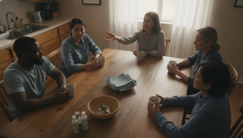What Is Sober Living? How Sober Homes Work & Who They Help 1 Sober living house meeting with residents building recovery routines