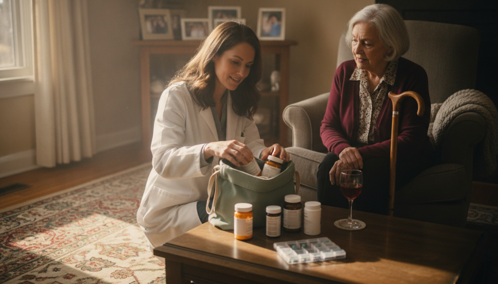 Mixing Benzos and Alcohol: Risks You Should Know 1 Pharmacist reviewing medications with older adult to reduce benzos and alcohol fall risk