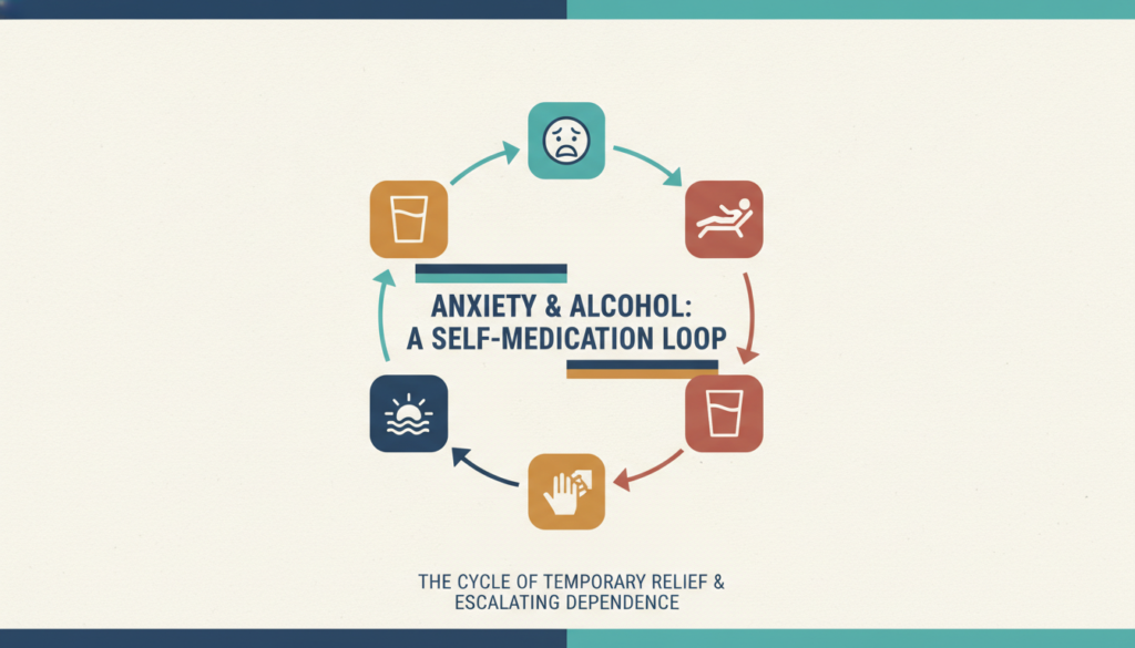 Anxiety and Alcohol: Effects, Risks & How They're Linked 1 Visual cycle of anxiety and alcohol self-medication loop