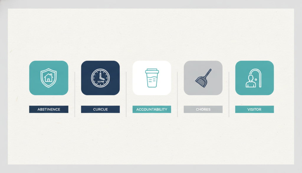 Sober Living Rules: Curfews, Visitors & Requirements 1 Common sober living house rules shown with recovery icons