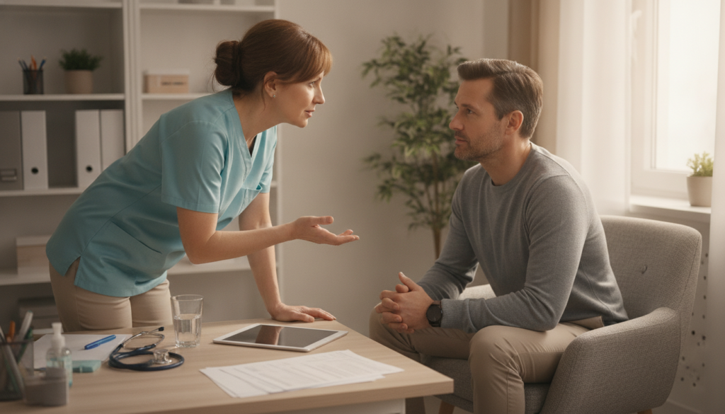 Naproxen and Alcohol: The Risks and How Long to Wait 2 Clinician discussing naproxen and alcohol safety with patient