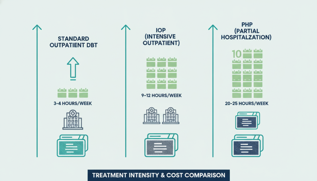 How Much Does DBT Therapy Cost? Prices, Programs & Insurance 2 Outpatient DBT versus IOP and PHP cost comparison for treatment planning