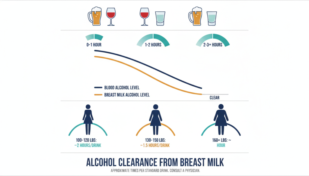 Breastfeeding and Drinking Alcohol: How Long to Wait 1 Alcohol clearance timing infographic for breastfeeding and drinking alcohol