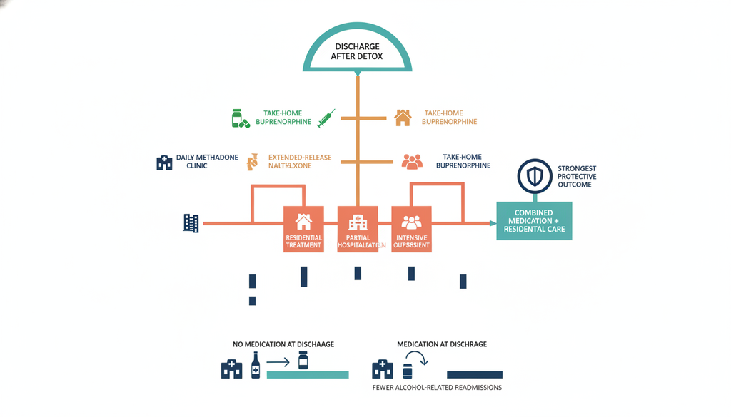 Life After Detox: What the Next Step in Care Looks Like 2 Infographic comparing medication and continuing care options after opioid and alcohol detox