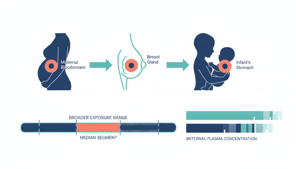 Adderall and Breastfeeding: Safety, Risks, and What to Ask 1 Infographic showing amphetamine transfer into breast milk and infant exposure