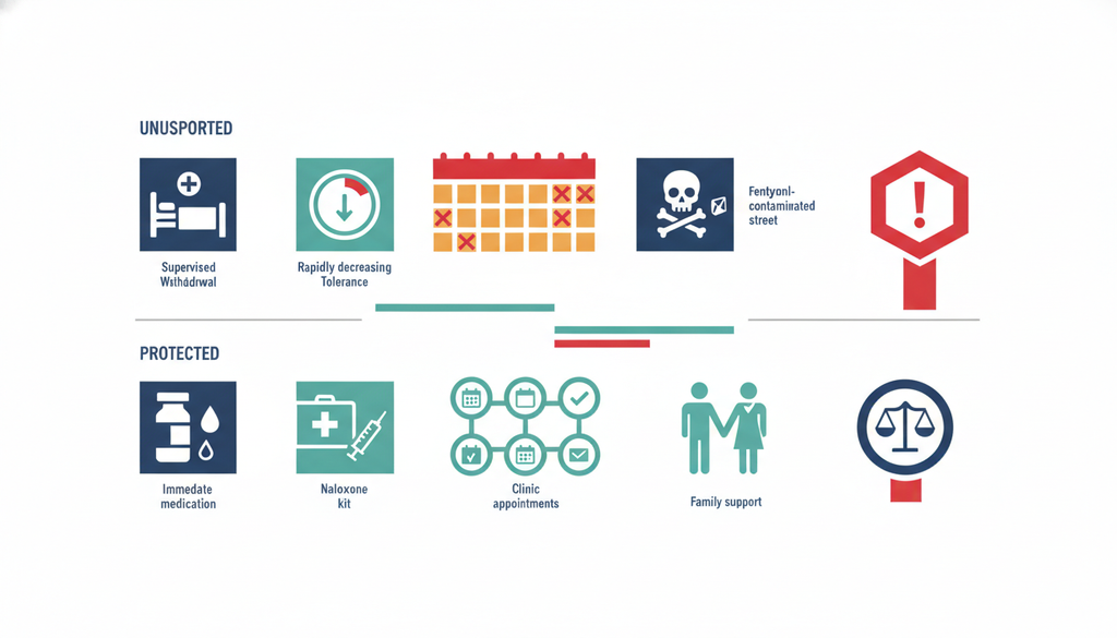 Life After Detox: What the Next Step in Care Looks Like 1 Infographic showing tolerance loss and overdose risk in the first 30 days after opioid detox