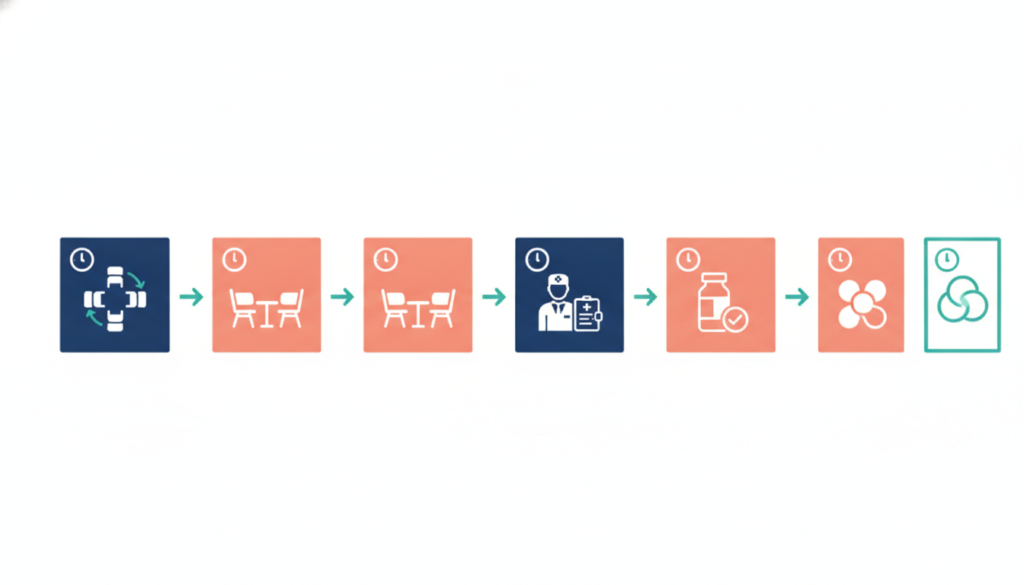 What Is a Dual Diagnosis IOP and How Does It Work? 1 Flat 2D infographic of a dual diagnosis IOP week as an icon-based horizontal flow in navy, teal, white, and coral, no text.