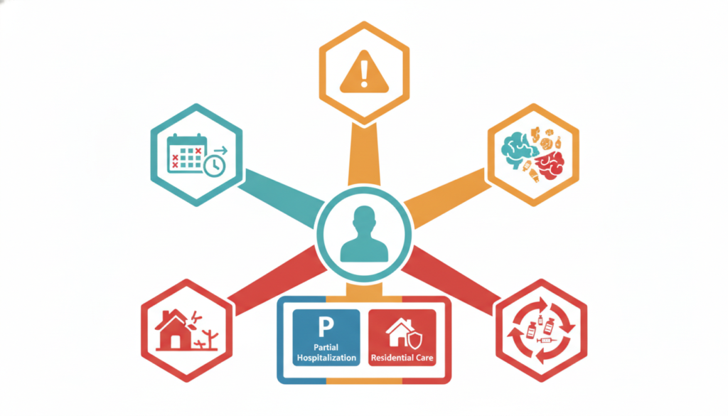 What Is a Dual Diagnosis IOP and How Does It Work? 2 Flat 2D infographic branching from a patient silhouette to five step-up warning signs, shifting from teal-blue to amber-red, no text.