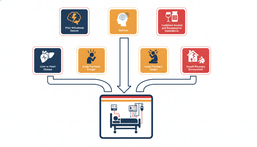 Outpatient vs Inpatient Rehab: Choosing Your Level of Care 1 Inpatient detox risk factors including seizures, delirium, and comorbidities